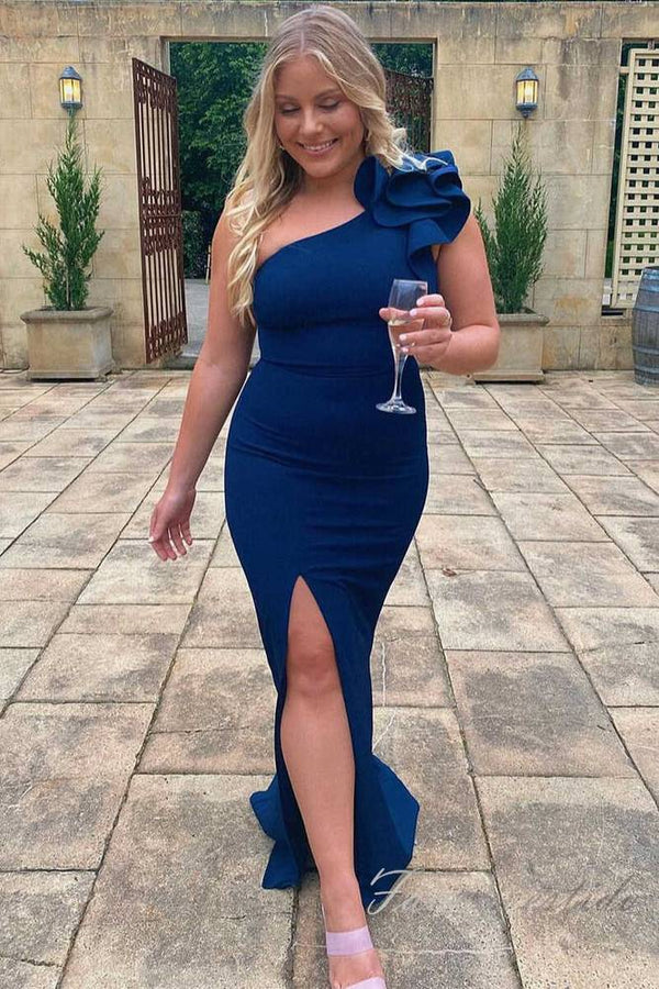 Blue One Shoulder Satin Long Bridesmaid Dress with Slit