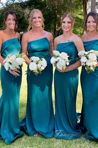 Blue Strapless Pleated Satin Long Bridesmaid Dress
