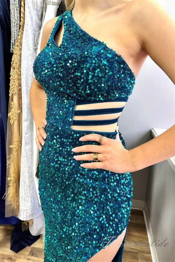 Dark Green One Shoulder Sequin Prom Dress with Slit