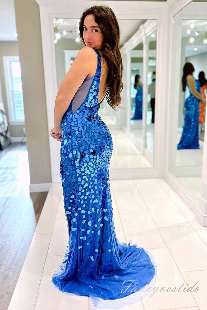 Blue V-Neck Mirror Sequin Mermaid Prom Dress with Slit