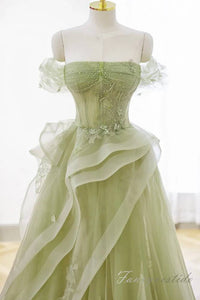 Elegant Sage Applique Ruffle Tulle Prom Dress with Off Shoulder