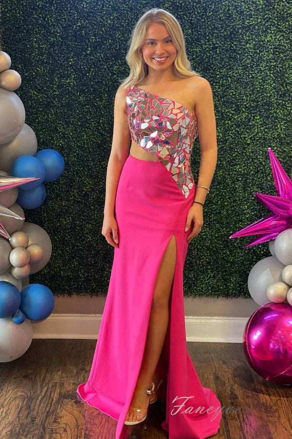 Royal Blue Sequin Mermaid Slit Prom Dress with One Shoulder
