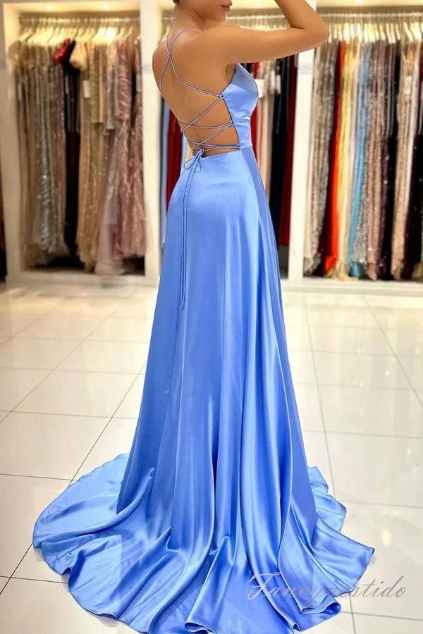Spaghetti Straps Blue A-Line Prom Dress with Slit