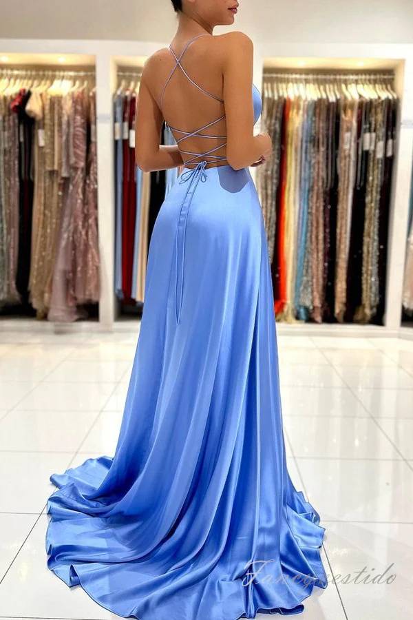 Spaghetti Straps Blue A-Line Prom Dress with Slit