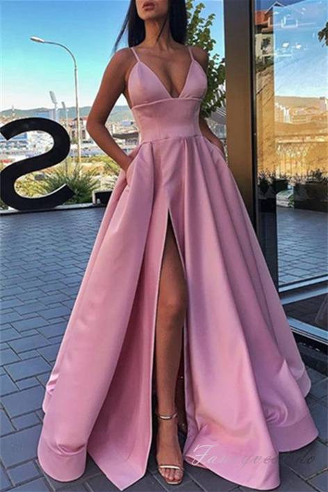 Bodycon Dress Womens Bright Pink Dress V-Neck Pink A-Line Stain Prom Dress  With Slit