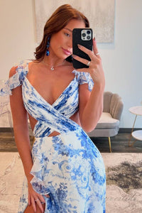 Straps Blue Floral Print Layered Long Prom Dress