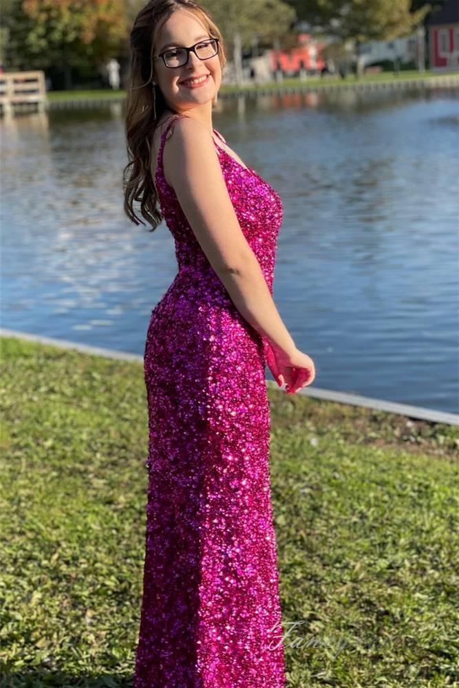 Straps Hot Pink Sequin Mermaid Prom Dress with Slit FancyVestido Straps Hot Pink Sequin Mermaid Prom Dress with Slit FancyVestido