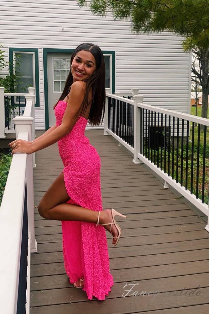 Hot Pink Strapless Sequin Slit Mermaid Prom Dress FancyVestido Hot Pink Strapless Sequin Slit Mermaid Prom Dress FancyVestido