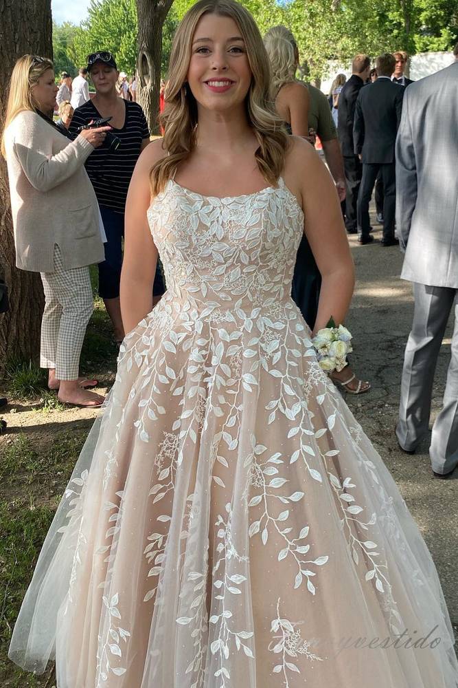 Champagne Applique A-Line Prom Dress with Double Straps FancyVestido Champagne Applique A-Line Prom Dress with Double Straps FancyVestido