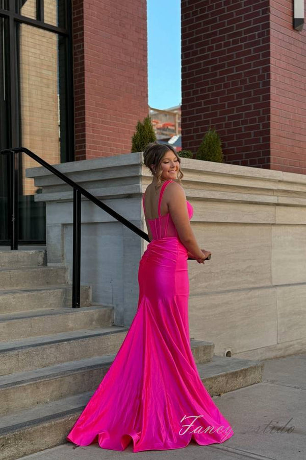 Straps Hot Pink Pleated Mermaid Prom Dress with Slit