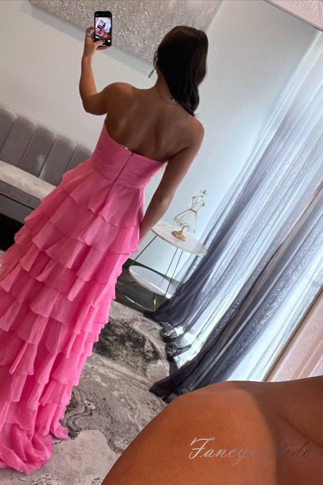 Strapless Hot Pink Chiffon Ruffle Prom Dress with Slit FancyVestido Strapless Hot Pink Chiffon Ruffle Prom Dress with Slit FancyVestido
