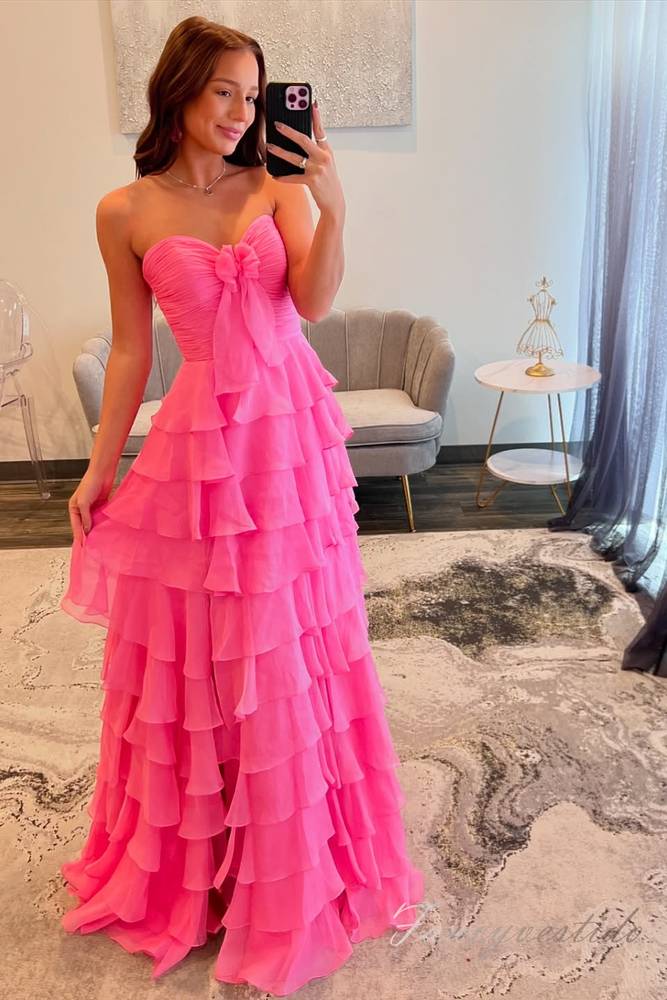 Strapless Hot Pink Chiffon Ruffle Prom Dress with Slit FancyVestido Strapless Hot Pink Chiffon Ruffle Prom Dress with Slit FancyVestido