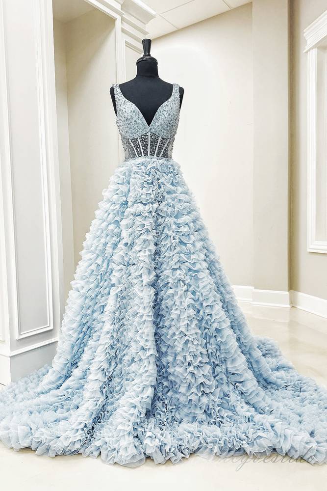 Light Blue V-Neck Beaded Layered A-Line Prom Dress  FancyVestido