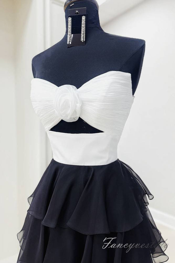 Strapless Chiffon Ruffle A-Line Slit Prom Dress with Floral