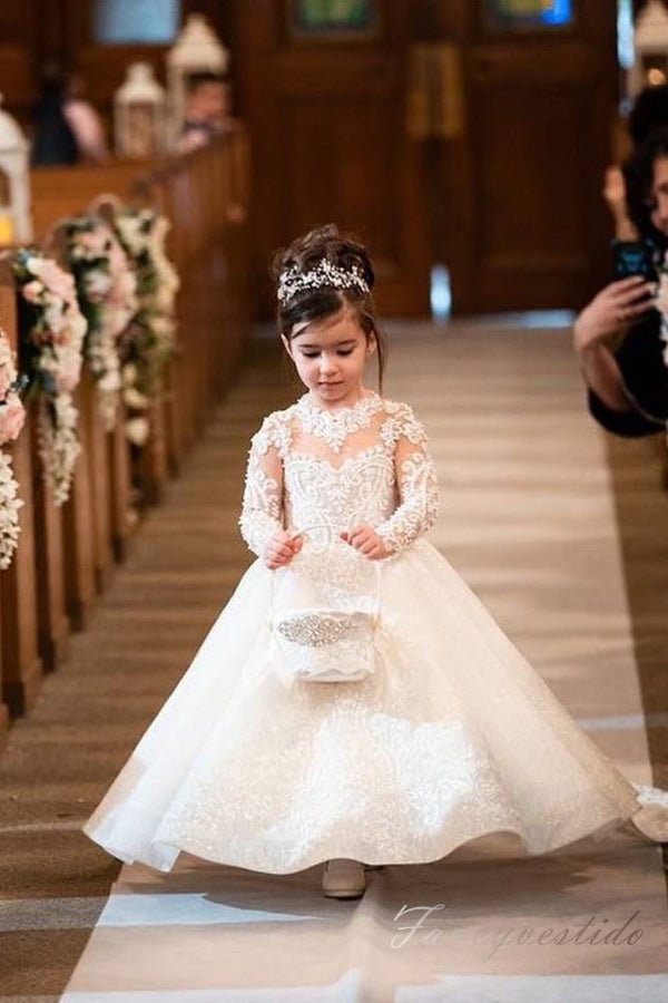White Applique Sequin A-Line Flower Girl Dress with Long Sleeves