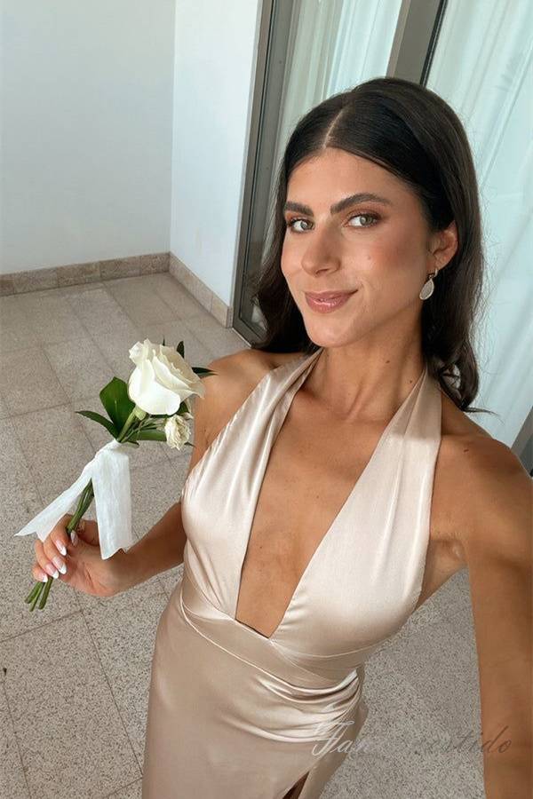 Champagne Halter Long Mermaid Bridesmaid Dress with Slit