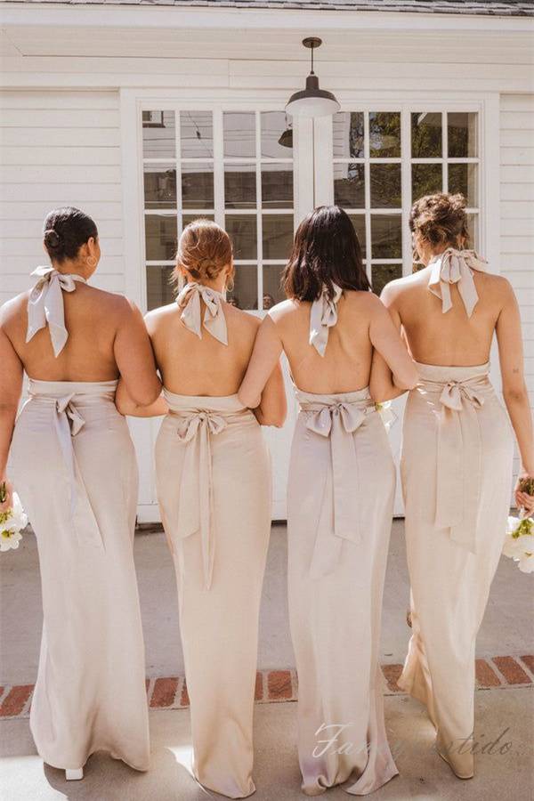 Champagne Halter Long Mermaid Bridesmaid Dress with Slit