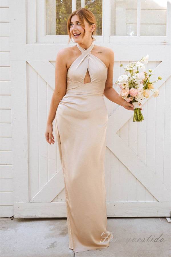 Champagne Halter Long Mermaid Bridesmaid Dress with Slit FancyVestido Champagne Halter Long Mermaid Bridesmaid Dress with Slit FancyVestido