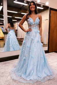 Double Straps Applique A-Line Prom Dress with 3D Floral
