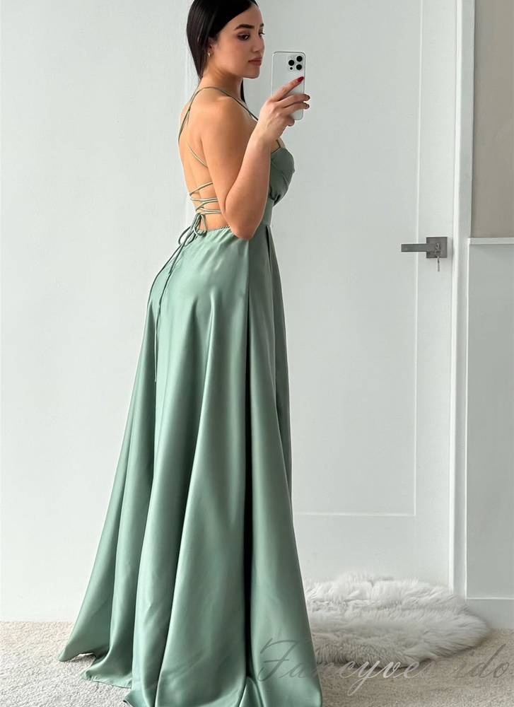 Casual Satin A-Line Sleeveless Lace-Up Split Party Prom Dress FancyVestido Casual Satin A-Line Sleeveless Lace-Up Split Party Prom Dress FancyVestido
