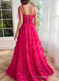 Fuchsia Straps A-line Slit Prom Dress with 3D Floral