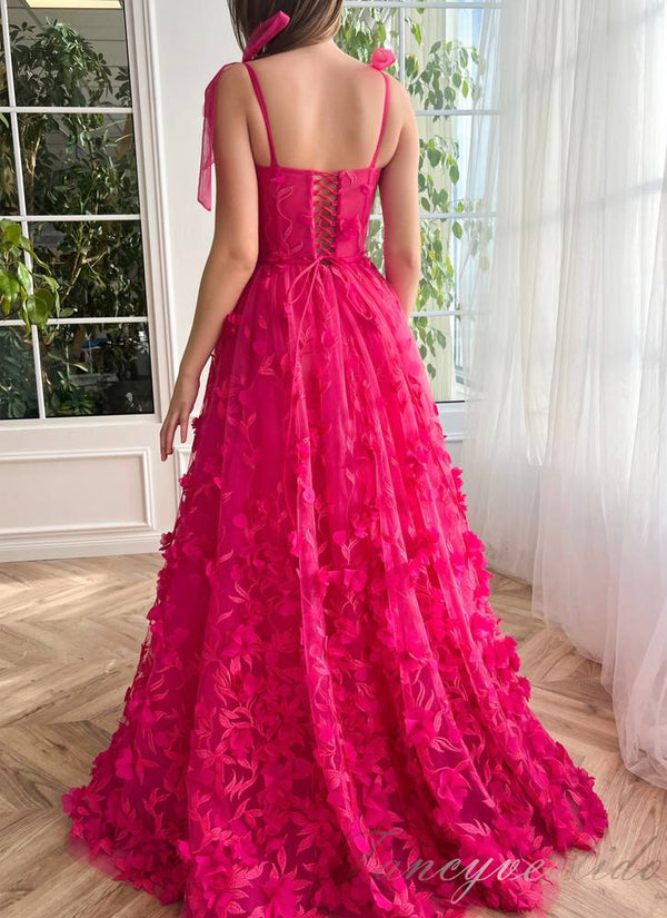Fuchsia Straps A-line Slit Prom Dress With 3D Floral