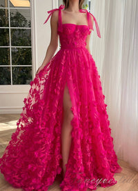 Fuchsia Straps A-line Slit Prom Dress With 3D Floral