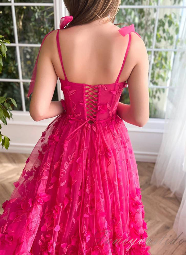 Fuchsia Straps A-line Slit Prom Dress With 3D Floral