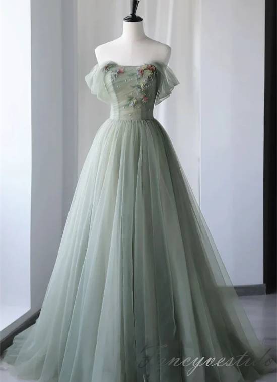 Grey Applique Tulle A-Line Prom Dress with Off Shoulder FancyVestido Grey Applique Tulle A-Line Prom Dress with Off Shoulder FancyVestido
