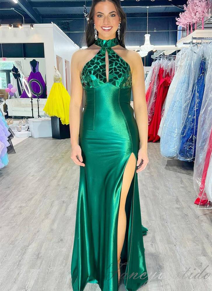 Halter Green Mirror-Sequin Mermaid Prom Dress with Slit FancyVestido Halter Green Mirror-Sequin Mermaid Prom Dress with Slit FancyVestido