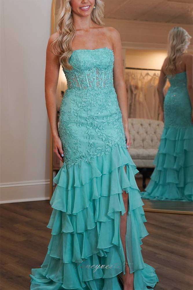 Strapless Applique Ruffle Mermaid Prom Dress with Slit – FancyVestido