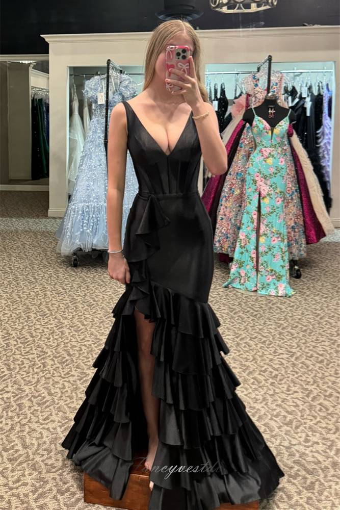 chinese dress ladies Deep V-Neck Mermaid Long Black Prom Dresses Custom Color / Custom Size