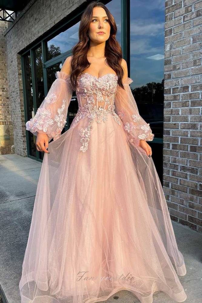 Pink Sweetheart Applique A-Line Prom Dress with Long Sleeves  FancyVestido