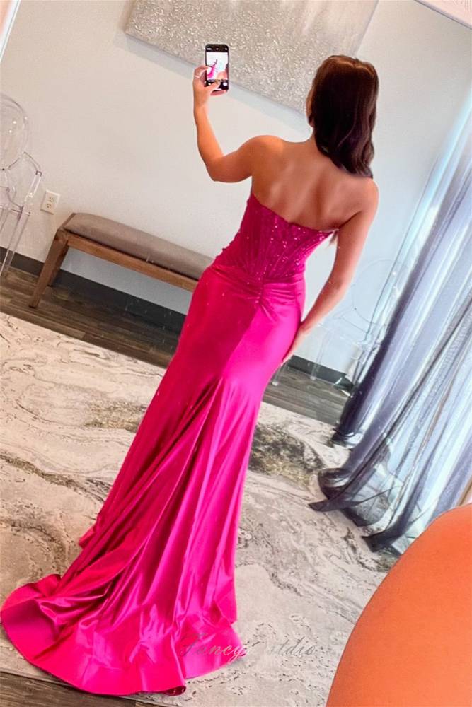 prom dresses fuschia Fuchsia Strapless Applique Mermaid Prom Dress with Slit – FancyVestido