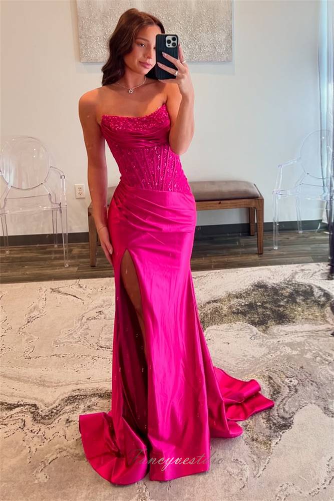 Fuchsia Strapless Applique Mermaid Prom Dress with Slit FancyVestido Fuchsia Strapless Applique Mermaid Prom Dress with Slit FancyVestido
