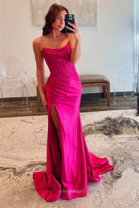 fuchsia dress prom ZAPAKA Women Sparkly Corset with Slit Mermaid Strapless Party Dress, Fuchsia / UK18 Tulle Color Sheath/Column Sweetheart Fuchsia Long Prom