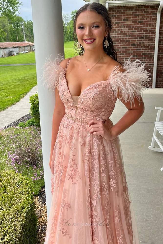 Peach V-Neck Applique A-Line Prom Dress with Feather Off Shoulder FancyVestido Peach V-Neck Applique A-Line Prom Dress with Feather Off Shoulder FancyVestido