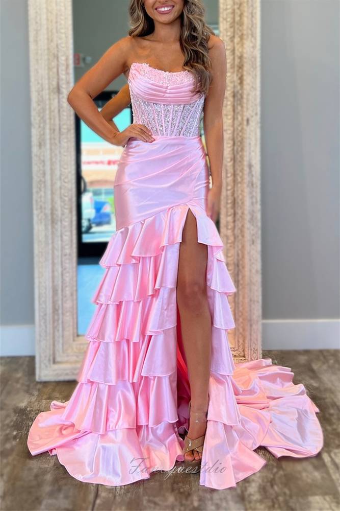 Pink Strapless Applique Ruffle Mermaid Prom Dress with Slit FancyVestido Pink Strapless Applique Ruffle Mermaid Prom Dress with Slit FancyVestido