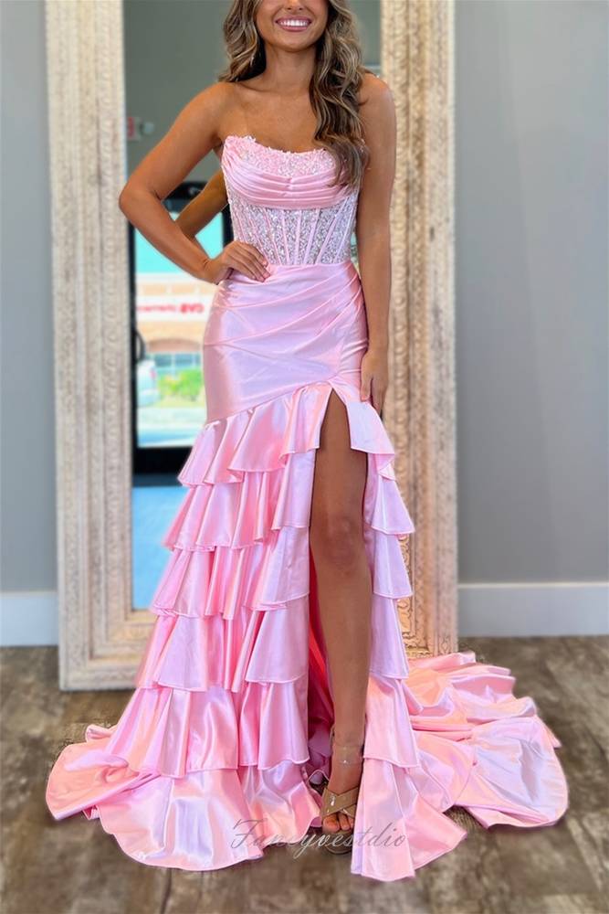 Pink Strapless Applique Ruffle Mermaid Prom Dress with Slit FancyVestido Pink Strapless Applique Ruffle Mermaid Prom Dress with Slit FancyVestido