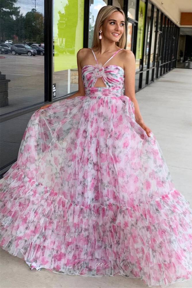 halter flower dress Pink Halter Floral Print A-Line Layered Prom Dress – FancyVestido