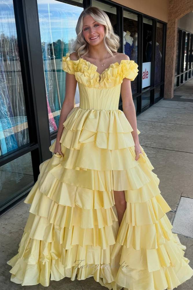 Yellow A-Line Layered Slit Prom Dress with Ruffle Off Shoulder FancyVestido Yellow A-Line Layered Slit Prom Dress with Ruffle Off Shoulder FancyVestido