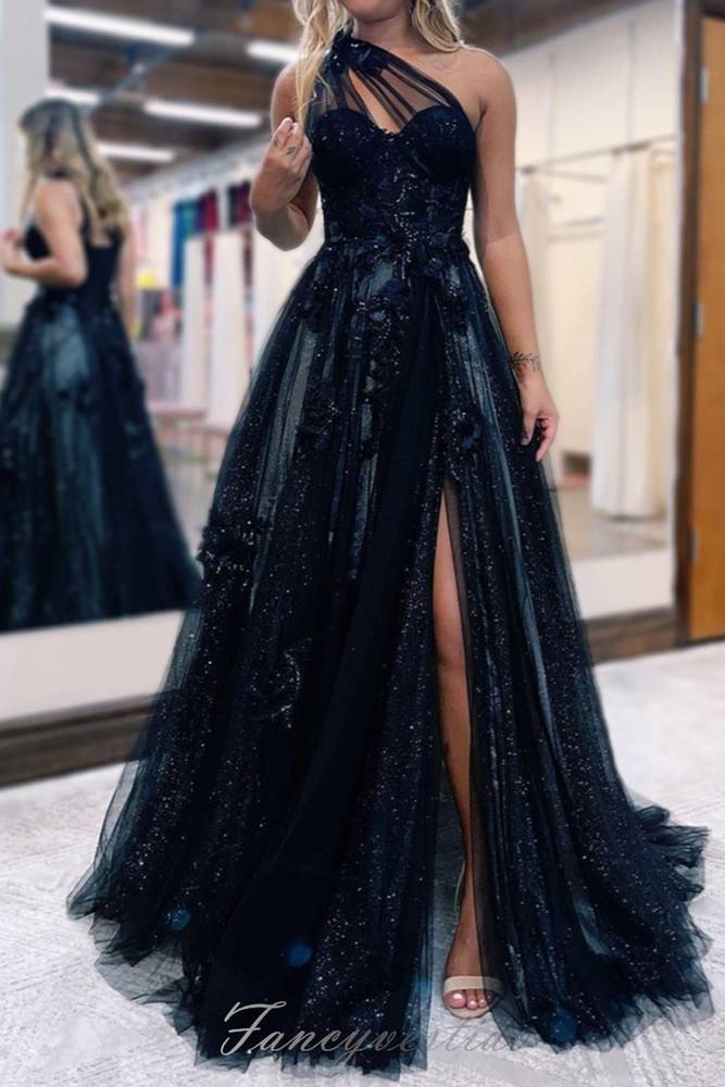 One Shoulder Black Tulle Slit A-Line Prom Dress with 3D Floral FancyVestido One Shoulder Black Tulle Slit A-Line Prom Dress with 3D Floral FancyVestido