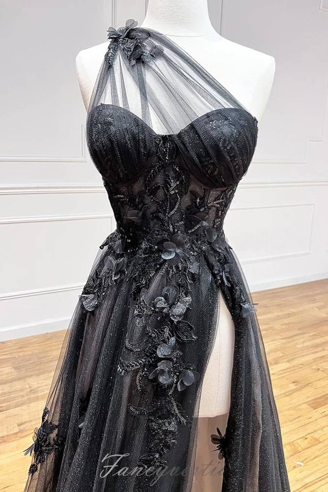 One Shoulder Black Tulle Slit A-Line Prom Dress with 3D