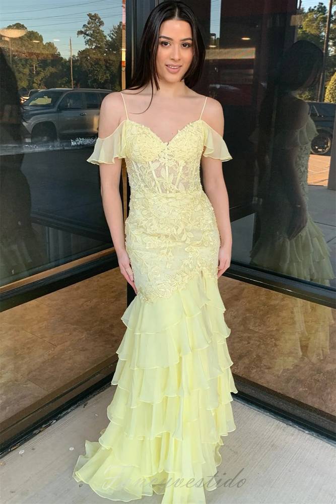Yellow Lace Applique Ruffle Mermaid Prom Dress with Cold Shoulder –  FancyVestido