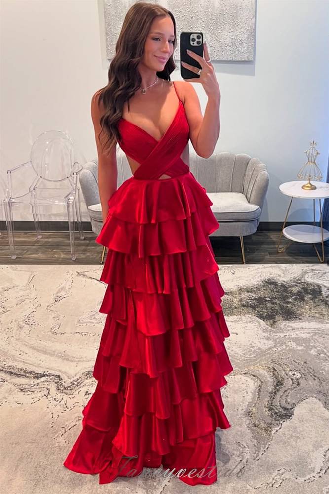 Straps V-Neck Red A-Line Ruffle Layered Prom Dress FancyVestido Straps V-Neck Red A-Line Ruffle Layered Prom Dress FancyVestido