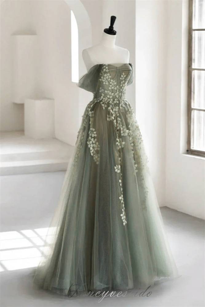Off Shoulder Grey Floral Applique A-Line Prom Dress FancyVestido Off Shoulder Grey Floral Applique A-Line Prom Dress FancyVestido