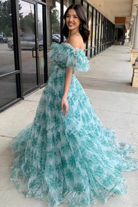 Off Shoulder Floral Print Ruffle A-Line Prom Dress