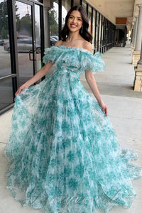 Off Shoulder Floral Print Ruffle A-Line Prom Dress