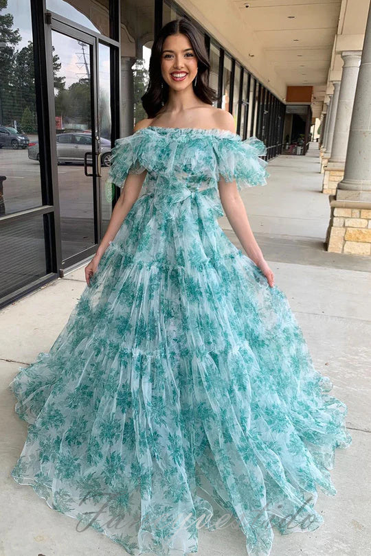 Off Shoulder Floral Print Ruffle A-Line Prom Dress FancyVestido Off Shoulder Floral Print Ruffle A-Line Prom Dress FancyVestido