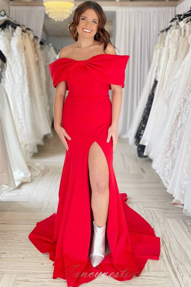 bow satin off shoulder dress Off Shoulder Satin Stretch Dress With Bow
